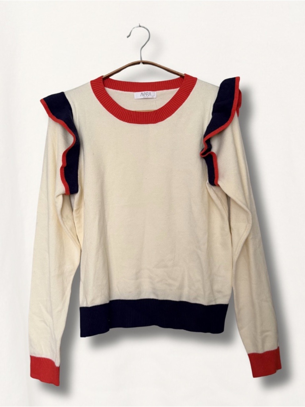 Danica Cream Crewneck Sweater with Navy Ruffle Shoulders and Red Trim